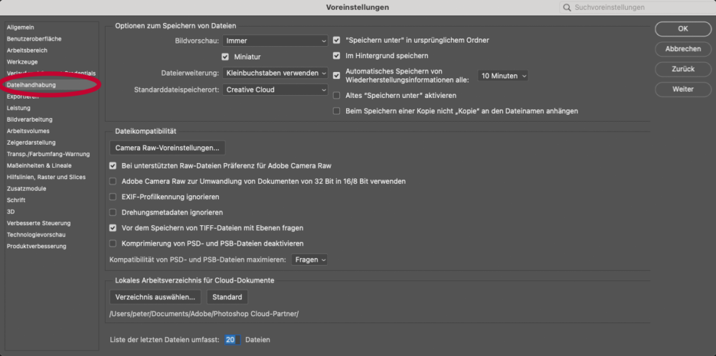 PS Einstellungen -- Dateihandhabung Dialog